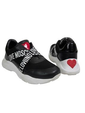 Love Moschino Leather Sneakers 8 SlipOn Chucky Heart Logo Mesh Black White Red